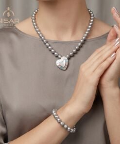 Lustrous Grey Pearl Jewelry Set with Heart Mosaic Pendant