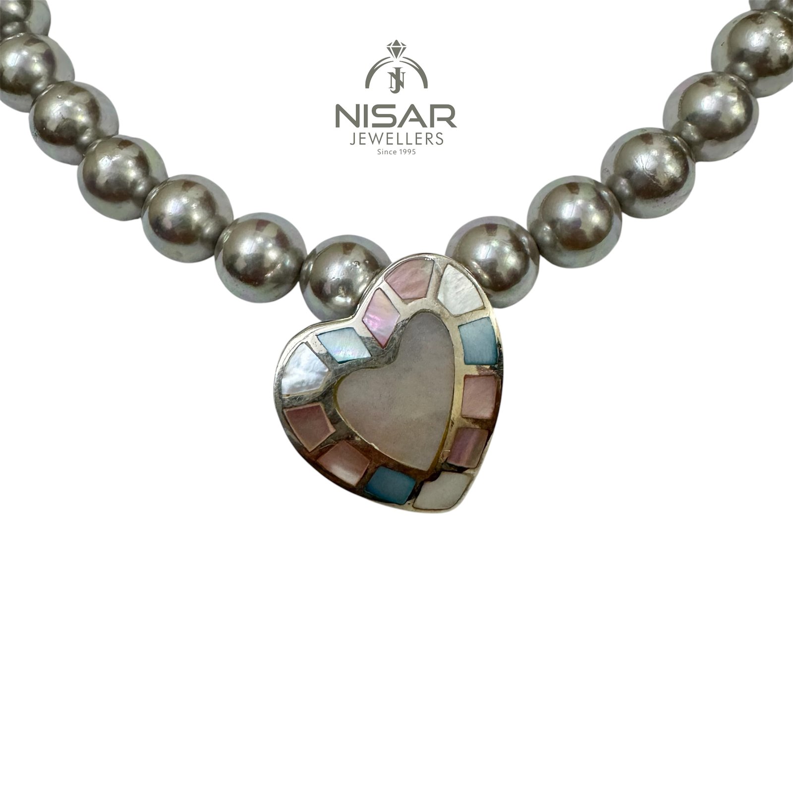Lustrous Grey Pearl Jewelry Set with Heart Mosaic Pendant - Image 3