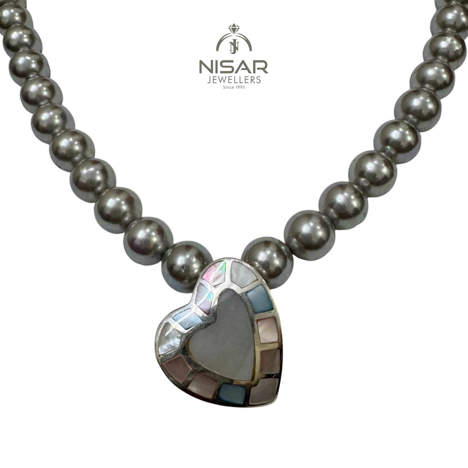 Lustrous Grey Pearl Jewelry Set with Heart Mosaic Pendant - Image 2