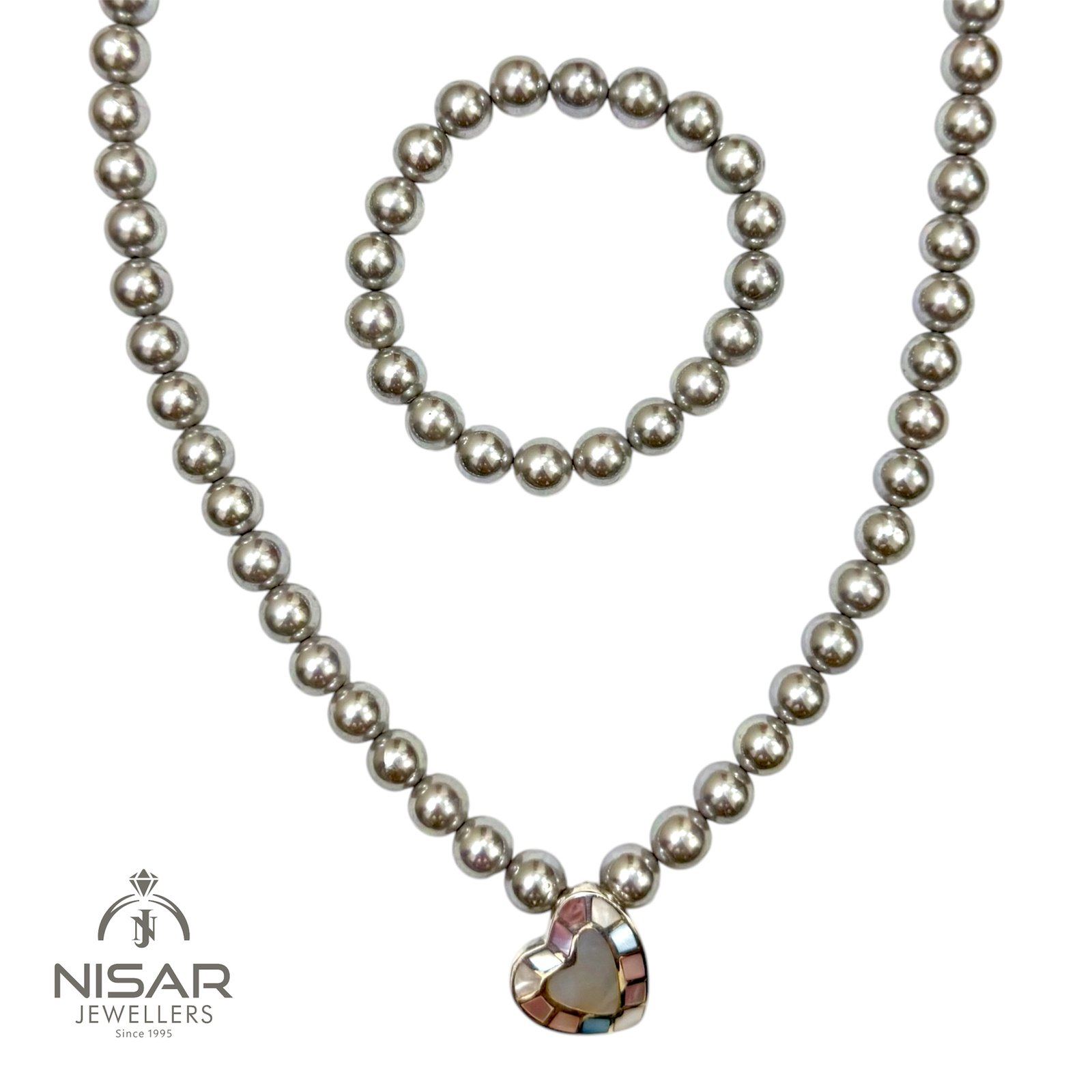 Lustrous Grey Pearl Jewelry Set with Heart Mosaic Pendant - Image 4