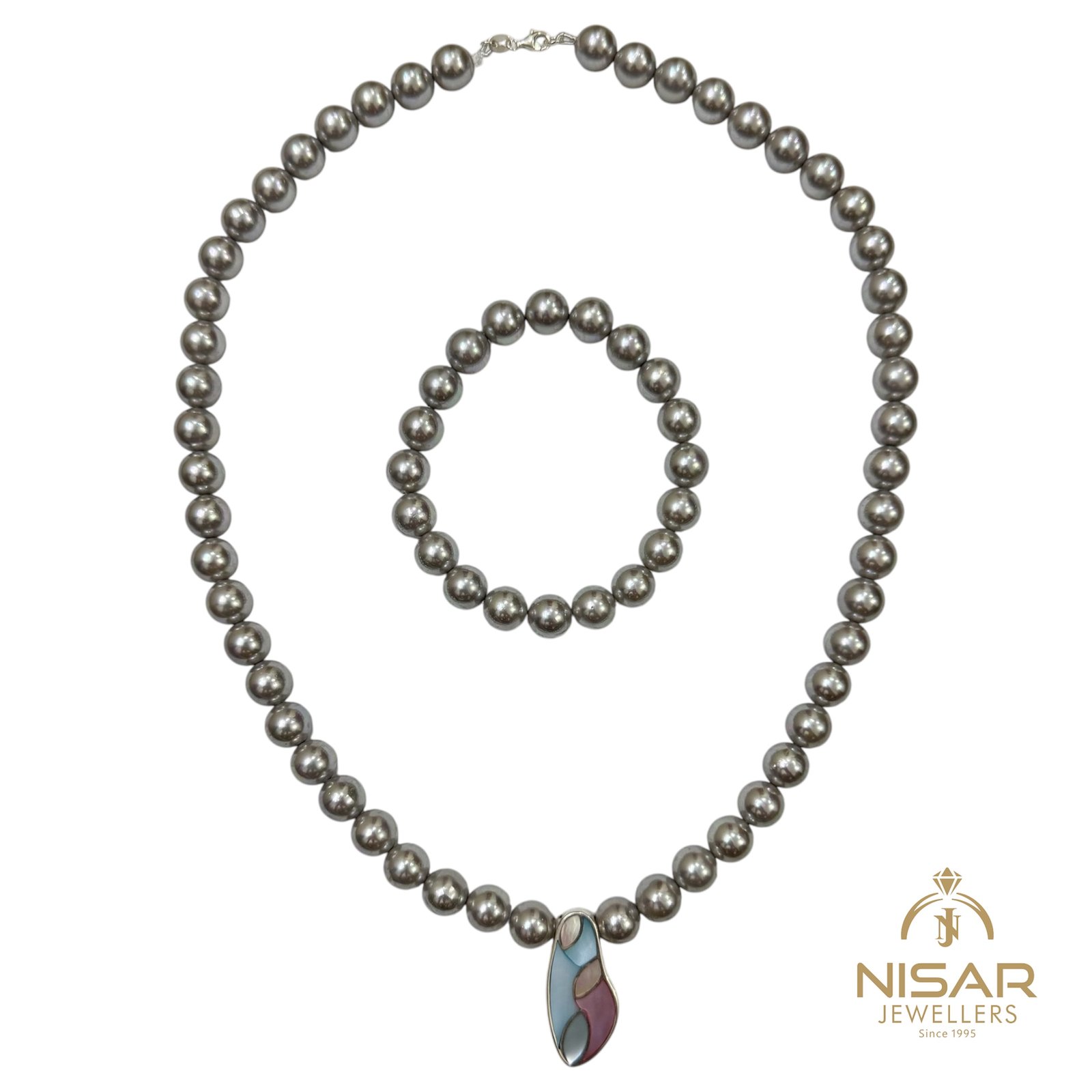 Sophisticated Dark Pearl Strand with Artistic Inlay Pendant & Bracelet - Image 3