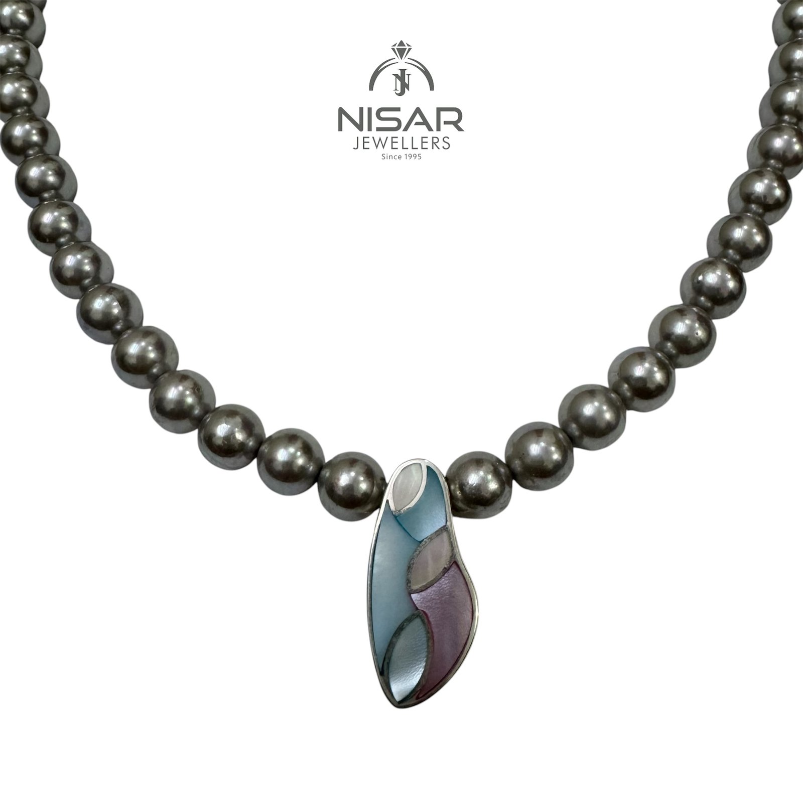 Sophisticated Dark Pearl Strand with Artistic Inlay Pendant & Bracelet - Image 2