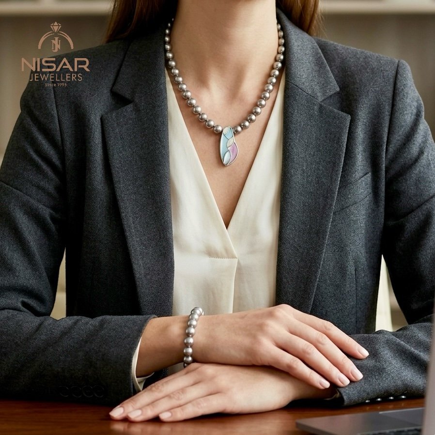 Sophisticated Dark Pearl Strand with Artistic Inlay Pendant & Bracelet - Image 5